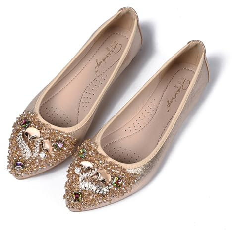 Rojeam Womens Flats Shoes Fold Up Pumps Ballet Flat Slip-on Ballerina Pumps Shoes Loafers Ladies Roll Up Shoes (Gold, Size 3)