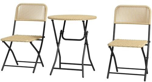 Outsunny Conjunto de Mesa y Sillas de Jardín Exterior de Ratán Plegable Juego de 3 Piezas Muebles de Jardín con 2 Sillas y 1 Mesa de Centro Redonda para Terraza Césped Balcón Natural