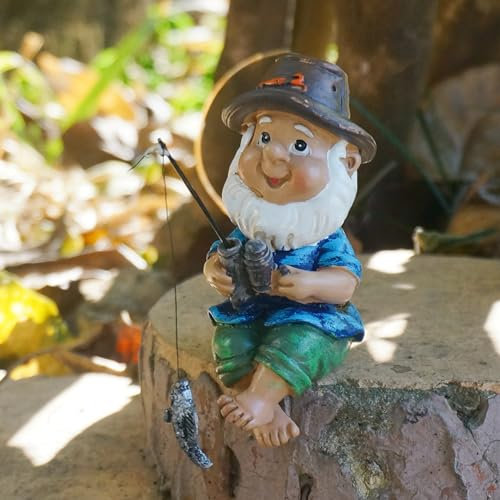 Statue de Lutin Décorative, Figurine de Vieux Nain Pêcheur de 10 cm pour Rocher Miniature, Aquarium, Jardin, Bureau et Cour