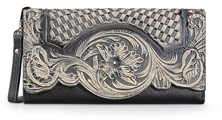 LETEULO Geldbörse Damen Leder Gross Geldbeutel Jahrgang Groß Lang Portemonnaie Frauen Portmonee Dreidimensionales Muster Clutch Leder mit Reißverschluss Schwarz