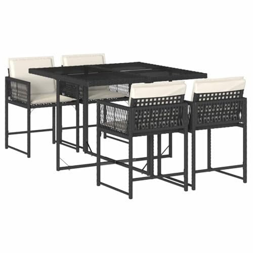 vidaXL Garten Essgruppe 5-TLG., Gartenmöbel Set Tisch mit 4 Stühle, Gartengarnitur mit Kissen, Sitzgruppe Essgarnitur Terrasse, Schwarz Poly Rattan