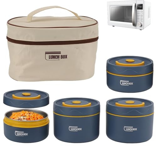 Tissting Caja Aislada, Lonchera Redonda Con Tapa Y Bolsa, Juego De Contenedores De Almuerzo Aislados Portátiles, Contenedor Térmico Apilable Apto Para Microondas Redondo (4 Microwace Safe Box)