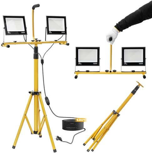 Yofuly 200W Projecteur LED sur Trépieds, 15,000LM Lampe de Chantier avec Trépied Télescopique en Métal Réglable, Lampes de Travail à LED Étanche IP66, Câble 3M pour garage, jardin, industriel