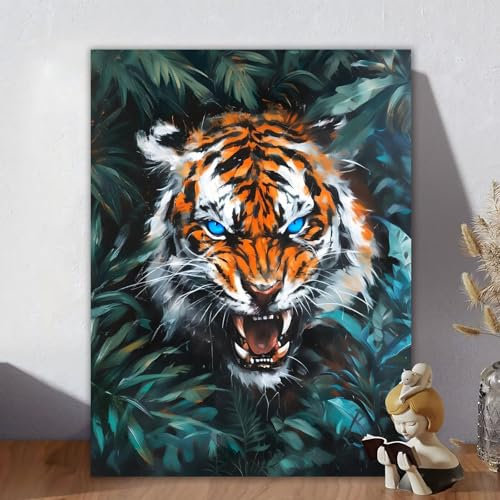 Malen Nach Zahlen Erwachsene Tiger, Malen Nach Zahlen Kinder, DIY Kreativ Set für Frauen mit 3-Pinseln und Acrylfarbe Kit, Paint by Numbers Cool für Aesthetic Room Decor, Ohne Rahmen 60x80cm R-4