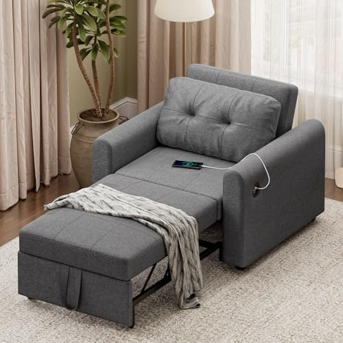 Hadibio 3 in 1 Sofa Bed, Convertible Sleeper Chair Bed with USB & Type-C Ports, Side Pocket, Pull Out Single Sofa Armchair with Adjustable Backrest for Living Room/Apartment/Small Space, Dark Grey