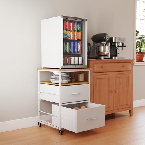 Turosur Mini Fridge Stand with Storage & Wheels, drinks fridge stand 167KG | Metal Frame Kitchen Storage Cart with Wood Top, Open Shelf & 2 Fabric Drawers for Dorm, Office, Home, 50 x 50 x 70 CM, White