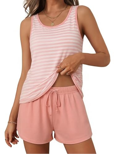 Litherday Women's Pyjamas Sets Sleeveless Cotton Tank Top with Shorts Cami Summer Pjs Set for Ladies Sleepwear Nightwear With Pocket Pink L