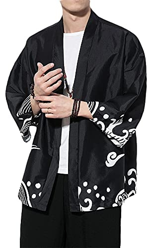 PRIJOUHE Men's Kimono Cardigan Jacket Japanese Style Flying Crane Seven Sleeves Open Front Coat