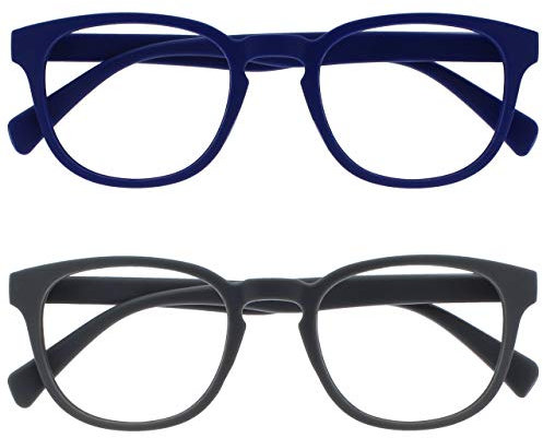 OPULIZE Pop Reading Glasses 2 Pack Fun Round Matt Frame Mid Blue Grey Spring Hinges Scratch Resistant Mens Womens RR2-37 +2.50