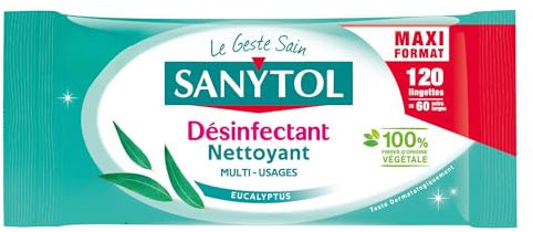 Sanytol - Lingettes Désinfectantes Multi-Usages - Eucalyptus - x120 - Bactéricide, Virucide, Fongicide - Sans Javel, Fabrication Française, 100% Fibres d’Origine Végétale
