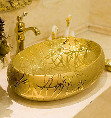 Wieoc Lavabo da Appoggio Lavabo Ovale Stile Europeo Ovale Oro Lavabo da appoggio in Ceramica Jingdezhen Lavabo da Bagno in Ceramica