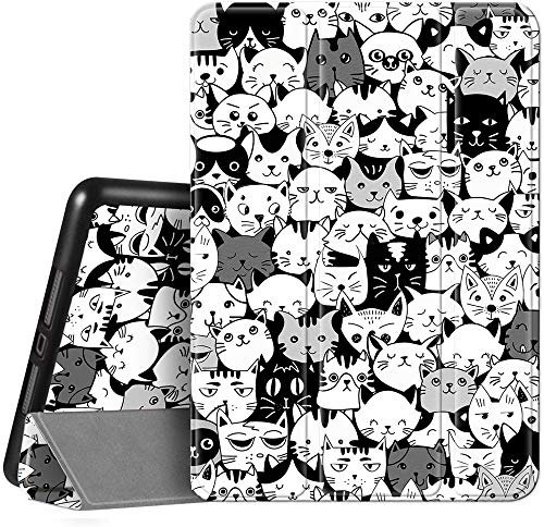 Hi Space Schutzhülle für iPad 9. / 8. / 7. Generation, für iPad 10.2, 2021, 2020, 2019, Katze mit Stifthalter, Cartoon, niedlich, dreifach faltbar, stoßfest, automatische Schlaf-/Wachfunktion, für