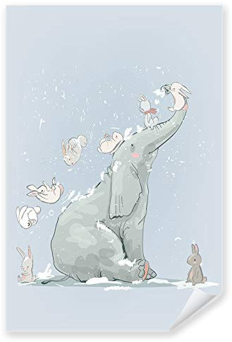 Postereck - 3973 - Kinderzimmer, Elefant Hasen Spielen Winter Süss - Kinder Kinderzimmer Kinderbild Wandposter Fotoposter Bilder Wandbild Wandbilder - Poster - DIN A2-42,0 cm x 59,4 cm