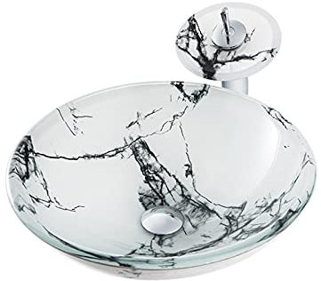 LWX Modernes Becken Aus Gehärtetem Glas, Waschbecken Montieren, Runde Waschtisch-Waschschüssel,White 5 Accessories