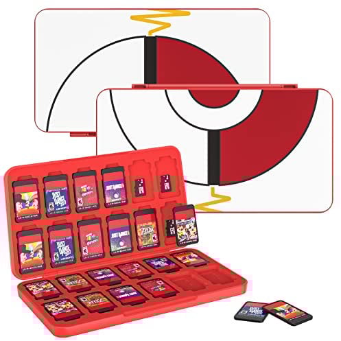 MoKo Custodia Giochi Porta Compatibile con Nintendo Switch 2/Switch OLED 2021/Lite, Protettiva con 16 Scompartimenti Schede Gioco Organizer Card Giochi Custodia - Poke Ball Bianco, Rosso
