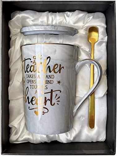 Doublewhale Teacher Gifts, Thank You Teacher Gifts, 14oz Grey Ceramic Coffee Mug, Best Teacher Gifts on Birthday, Teacher's Day, Teacher Leaving Gifts with Gift Box, Golden Spoon, Greeting Card