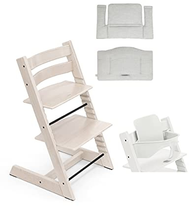 Tripp Trapp Bundle Chaise haute avec coussin classique Gris nordique OCS et set bébé inclus Blanc délavé