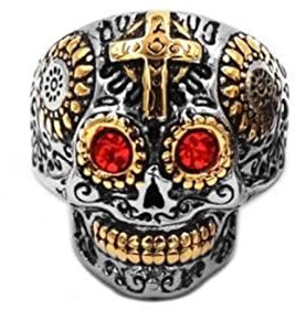 Kapala Skull Biker Ring Stainless Steel Colorful Blue Green Red White Eyes Gold Cross Skull Men Ring-10,Red Eyes