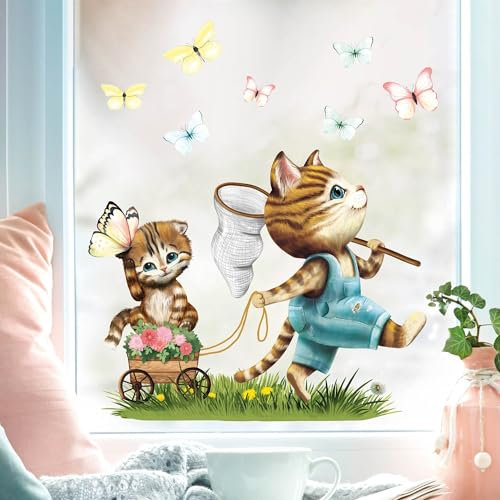 Wandtattoo Loft Fensterbilder Frühling Katze und Schmetterlingen Motiv – A3 Bogen, Wiederverwendbar – Frühlingsdeko Fenster, Frühlingsbild Fenster, Fensterdeko Frühling, Fensterfolie Frühling