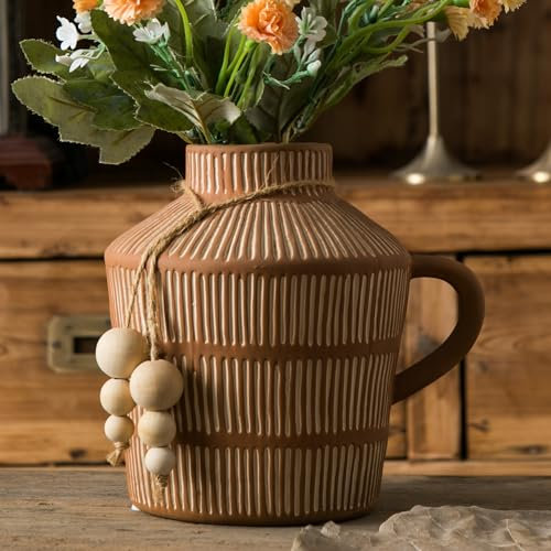 Mowtanco Rustikale Bauernhausvase mit Griff, vertikale Streifen, Terrakotta-Vase, Tonvase, Keramik-Blumenvase für Vintage-Heimdekoration, Regaldekoration, Tischdekoration, Bücherregal, Kaminsims,