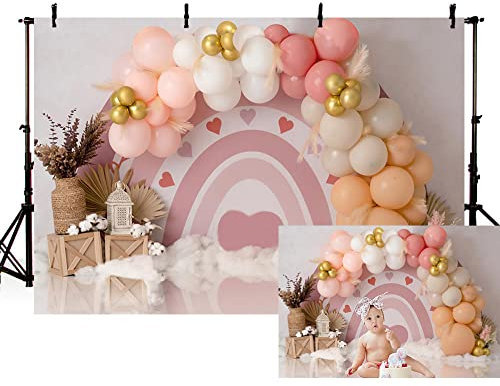 MEHOFOND 2,1x1,5 m Rosa Bohemia Regenbogen Mädchen Geburtstag Fotografie Hintergrund Luftballons Party Dekoration Pastell Baby Portrait Foto Hintergrund Banner Kuchen Smash Fotostudio Requisiten
