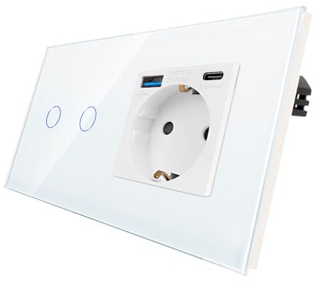 CNBINGO Interruptor de luz táctil con enchufe Schuko con puertos USB (tipo C y tipo A 3,1 amp total) – Enchufe USB empotrado, interruptor de pared de cristal simple en blanco – 2 vía