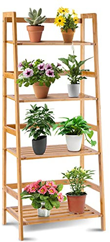 COSTWAY 4 Tier Bamboo Plant Stand, Ladder Flower Pots Holder with Rear Bar and Slatted Tier Design, Freestanding Corner Storage Display Shelf Rack for Indoor Outdoor