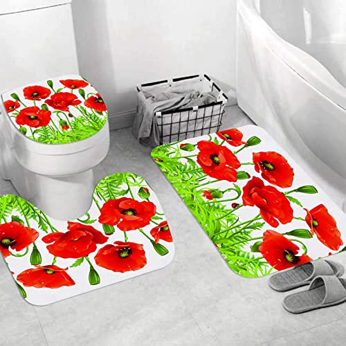 Ensemble Tapis de Bain, Carpettes de Toilette 3 Pièces,Bordure horizontale avec coquelicot rouge fleur bourgeon coquelicots camomille fle,Tapis WC Antidérapant Doux Absorbant pour la Salle de Bain/WC
