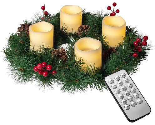 Künstlicher Adventskranz Ø 45 cm mit 4 LED Kerzen aus Echtwachs in rot oder Creme | praktische Fernbedienung mit Timer und Lichtfunktionen | inkl. Kerzenhalter | nadelfrei (Creme)