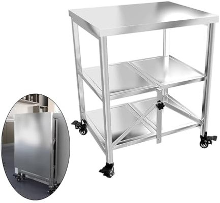 TAYGUM Standing Shelf Units, Movable Stainless Steel Folding Cart Table，Kitchen Storage Shelf，Stable Metal Frame，barbecue Trolley Pizza Oven Cart Table (Color : Silver, Size : 60cmx45cm)