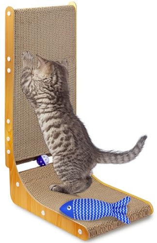 Rascador para Gatos Grandes en Forma de L, 68cm de Altura Rascador de Gatos con Bola de Campana, Rascador de Pared para Gatos con Pescado de Hierba Gatera para Gatos, Rascador de Cartón para Gatos