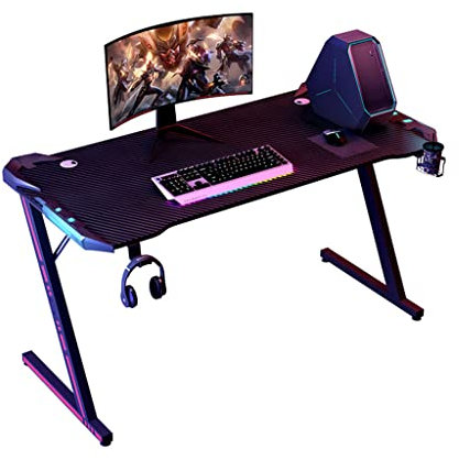 Bestier gaming desk with LED lights,Z-shaped gaming table,gamer workstation with large mouse pad cup holder,headset hook - stable computer desk made of metal and wood,L 120 cm (L 140CM)