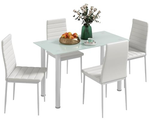 HOMCOM Ensemble de Salle à Manger 5 pièces, Table de Salle à Manger avec 4 chaises, Table de Cuisine avec Plateau en Verre trempé, Ensemble de Salle à Manger, Meubles de Salle à Manger, Ensemble de