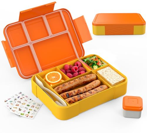 SWVIODMT Brotdose Kinder mit Fächern - 1330 ml Fassungsvermögen, auslaufsichere Bento-Box für Kinder, mit 5 Fächern, perfekt für Mädchen und Jungen - ideal für Schule und Kindergarten (Orange)