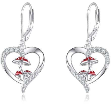 VONALA 925 Sterling Silber Rote Pilz Ohrringe - Heart Dangle Schmuck für Damen - Geburtstag und Weihnachts Geschenke für Mädchen