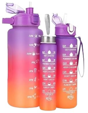PNJB 3 Pcs Drinking Bottle with Convenient Straw Set, Leakproof and Portable 2L, 700ML, 300ML, Equipped with Time Markings and Motivational Quotes, (Purple)