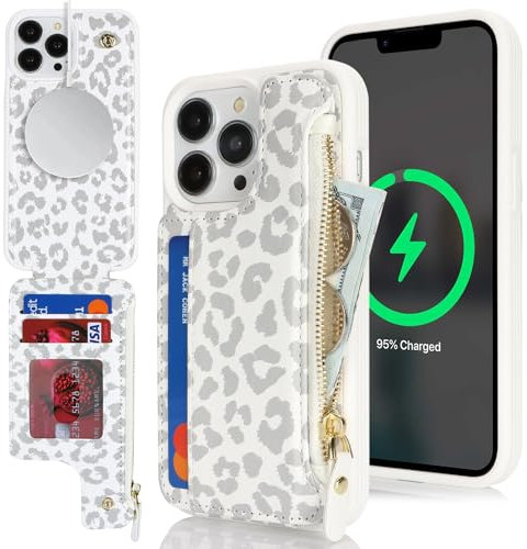 SailorTech iPhone 13 Pro Case with Credit Card Holder magsafe, iPhone 13 Pro Phone Leather Case Wallet for Women Compatible mag safe Card Slots Zipper Shockproof Case for Men - White Leopard