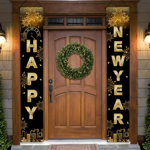 Happy New Year Banner 2026, Frohes Neues Jahr TürBanner, Neujahr Decoration Tür Banner Schwarz Und Gold, Silvester Deko Schwarz Gold New Year Party, Willkommen Veranda Zeichen Für Eve Party 30 x 180cm