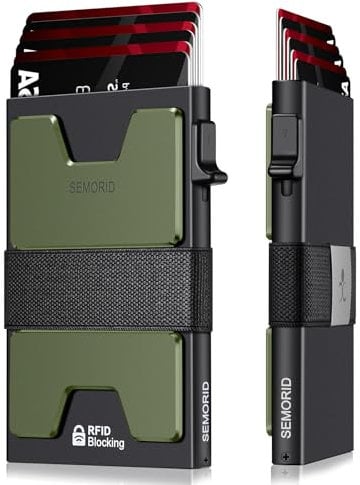 SEMORID Mens Wallet, Slim Wallet for Men, Pop Up Credit Card Holder RFID Blocking, Minimalist Metal Wallet with Cash Band, Aluminum Wallets (Black+Green)