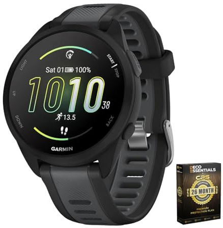 Garmin 010-02863-20 Forerunner 165 Smart Sport Watch, Black + Slate Gray | Official USA Partner Model | Bundle with Deco Essentials Exclusive 26 Month CPS Enhanced Protection Pack