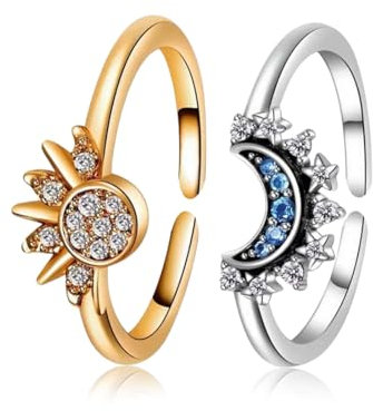 Sonne Mond Ring Gold Silber Set, 2 Stück Sonne Mond Ring Verstellbar, Matching Rings Freundschaftsringe, Himmlische Sonne Ring und Mond Ring, Geschenk für Frauen, Mehrfarbig