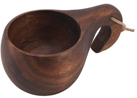 Jenngaoo Taza de madera de estilo nórdico de 220 ml, taza portátil hecha a mano de madera maciza con cuerda para colgar Taza de madera tradicional finlandesa Agarre cómodo para café Té