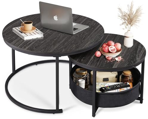 WLIVE Couchtisch Rund 2er Set, Beistelltisch mit Stoffkorb, Satztische Wohnzimmertisch mit Metallrahmen und Holzplatte, Sofatisch für Wohnzimmer, Balkon (Holzkohle Schwarz)