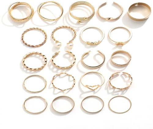 FDEETY Elegantes Set aus 20 Ringen für Damen vergoldete Ringe modische Fingerringe Stapelringe minimalistischer Schmuck vielseitige Designs hochwertiger Modeschmuck ideal für jeden Anlass