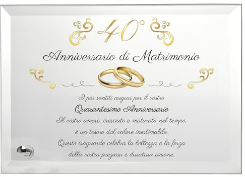 Placa de aniversario de boda | Regalo de cristal con soporte | Placa de boda de oro, rubí, diamante, plata, platino. (Plateado, 40 años)