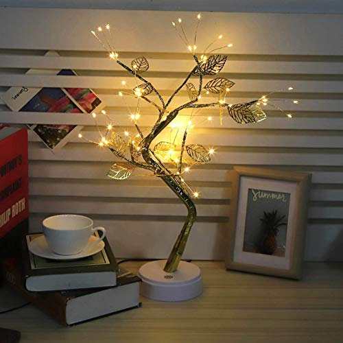 Sunicon Bonsai-Baum-Licht, goldfarben, matt, DIY-LED-künstliche Tisch-Lichterkette, Batterie- oder USB-betriebenes Nachtlicht, Geisterbaum für Schlafzimmer, Desktop, Festivals,