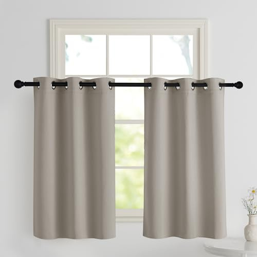 PONY DANCE Scheibengardinen Wohnzimmer Vorhänge Thermo Hitzeschutz | 2er Set, H90 x B106cm, Gardine Verdunkelung, Sichtschutz, Kurz, mit Ösen, für Schlafzimmer Kinderzimmer Küche, Sandfarben