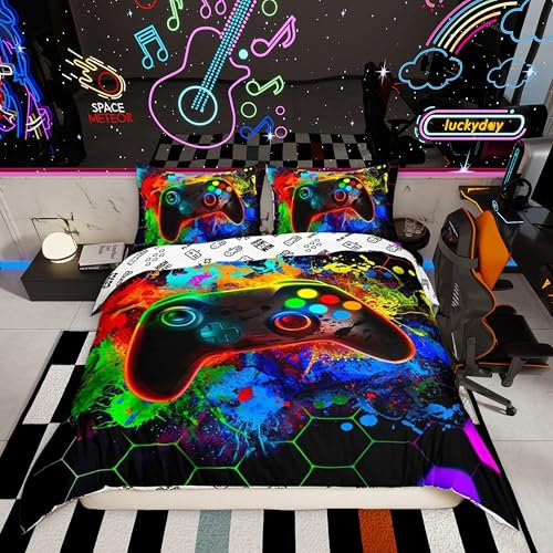 Homemissing Colorful Gaming Duvet Cover Set Double Size For Kids Boys Girls Teens Geometry Honeycomb Bedding Set Gradient Game Controller Comforter Cover with 2 Pillowcases Hexagon Bed Sets