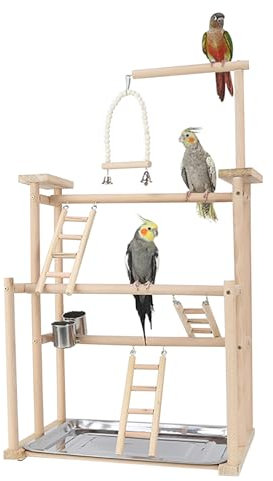 BeauFairy Parque de Juegos para Loros, 44*31*79CM, Parque de Juegos para Pájaros Gimnasio Aves Stand Área Juego, Percha para Loros de Madera, con Columpio Escalera Bandeja, para Pájaros Trepador, F539