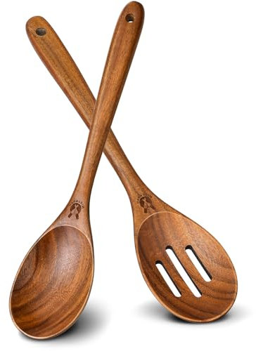 2Pcs Wooden Spoons for Cooking, Natural Premium Teak Wooden Spoon & Slotted Spoon, Good Grip Large Cooking Spoons Spatula, Heat Resistant Wooden Kitchen Cooking Utensils Set for Nonstick Cookware